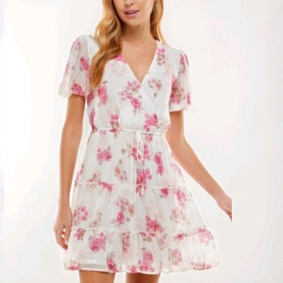 CITY STUDIO Juniors Tie Waist Flutter Sleeve Short Fit + Flare Dress M Boho - Picture 1 of 8
